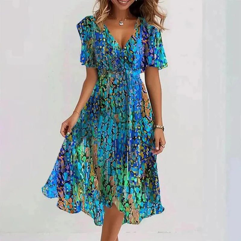 chiffon fabric dress | floral printed summer dress | v-neck short sleeve dress | energy saving