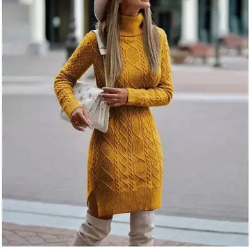 Fashion Turtleneck Knitted Dress With Slit Design Winter Warm Solid Color Pullover Long Sweater Women's Clothing Meifu Market