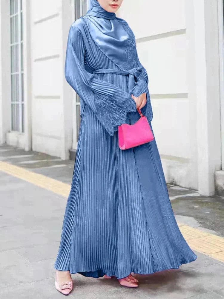 modest lace abaya | pleated kaftan dress | ramadan prayer outfit | energy saving
