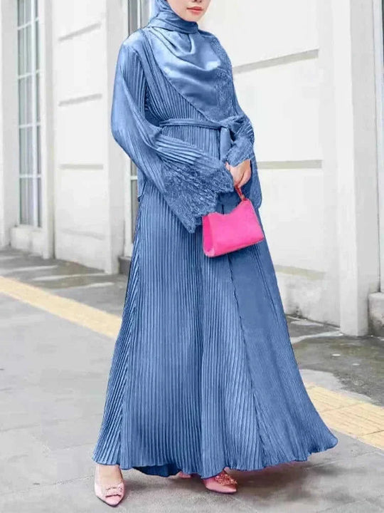 modest lace abaya | pleated kaftan dress | long sleeve prayer dress | ultrasonic cleaning