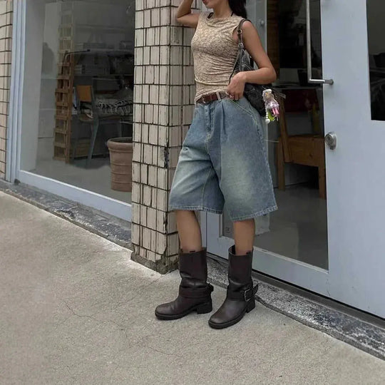 retro pleated denim shorts | wide leg denim shorts | straight cut denim shorts | energy saving