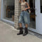 retro pleated denim shorts | wide leg denim shorts | straight cut denim shorts | energy saving