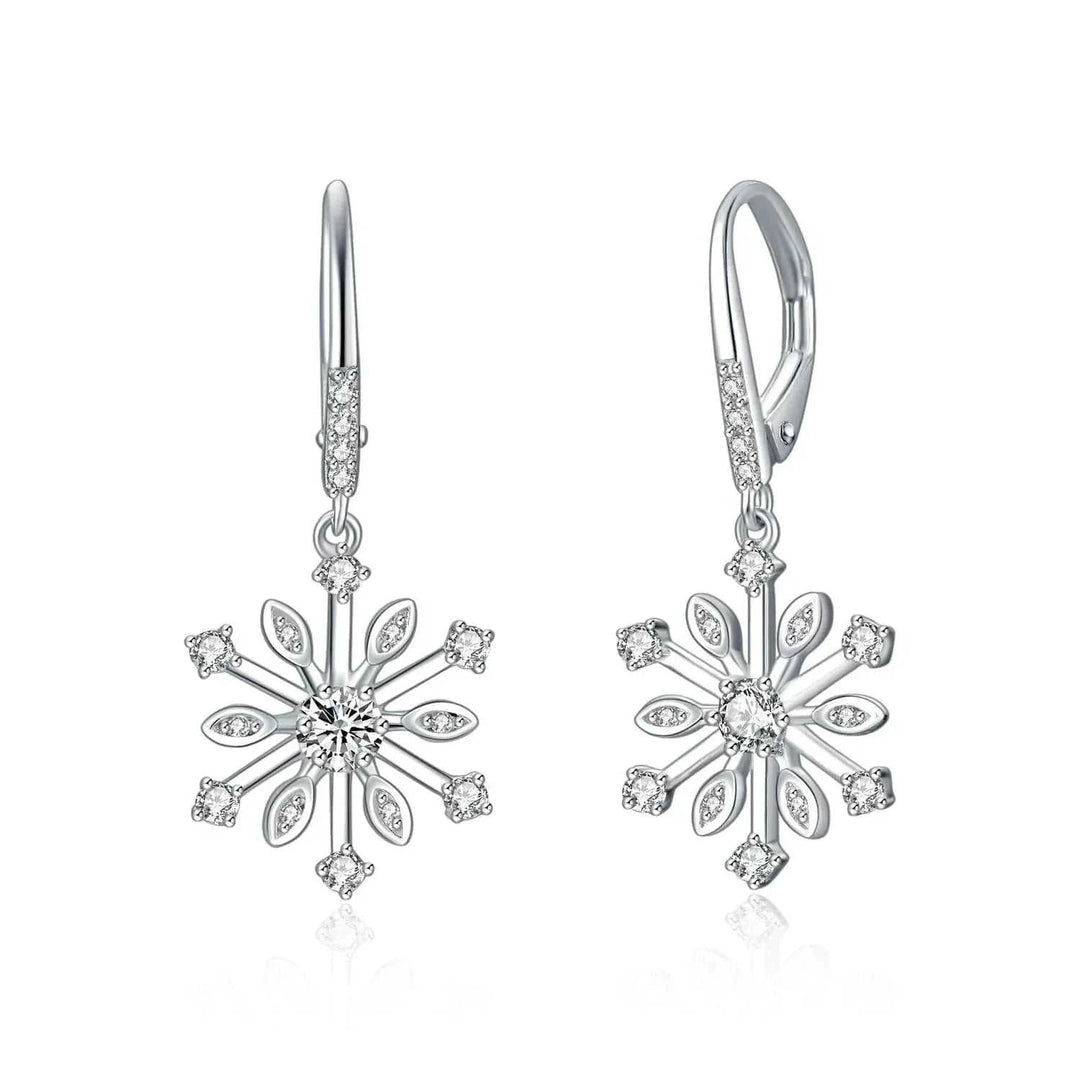 sterling silver leverback earrings | zirconia snowflake dangle earrings | hypoallergenic silver jewelry | ultrasonic cleaning