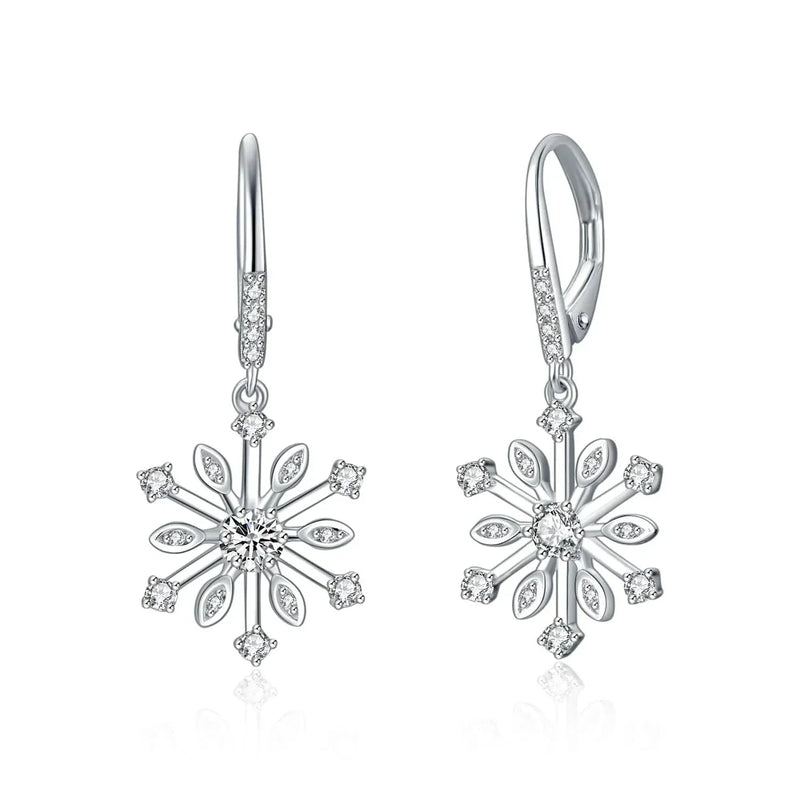 sterling silver leverback earrings | zirconia snowflake dangle earrings | hypoallergenic silver jewelry | ultrasonic cleaning
