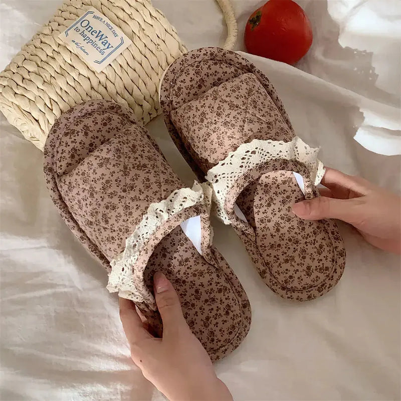 Home Style Vintage Floral One Word Four Seasons Universal Cotton Slippers Female Meifu Market