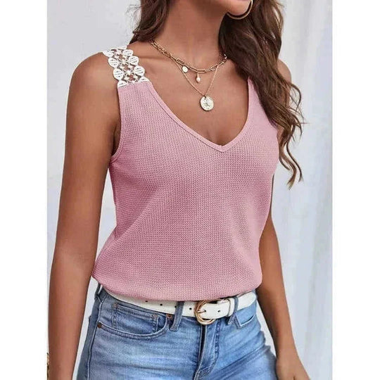 waffle knit fabric tank top | v-neck sleeveless summer top | lace trim vest top | energy saving