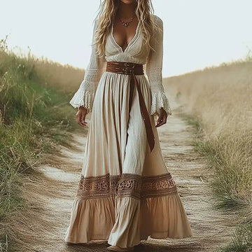 Boho Chic Maxi Dress, Women's Vintage-Inspired Lace Trim With Deep V-Neck Elegant Dress, No Belt Included Meifu Market