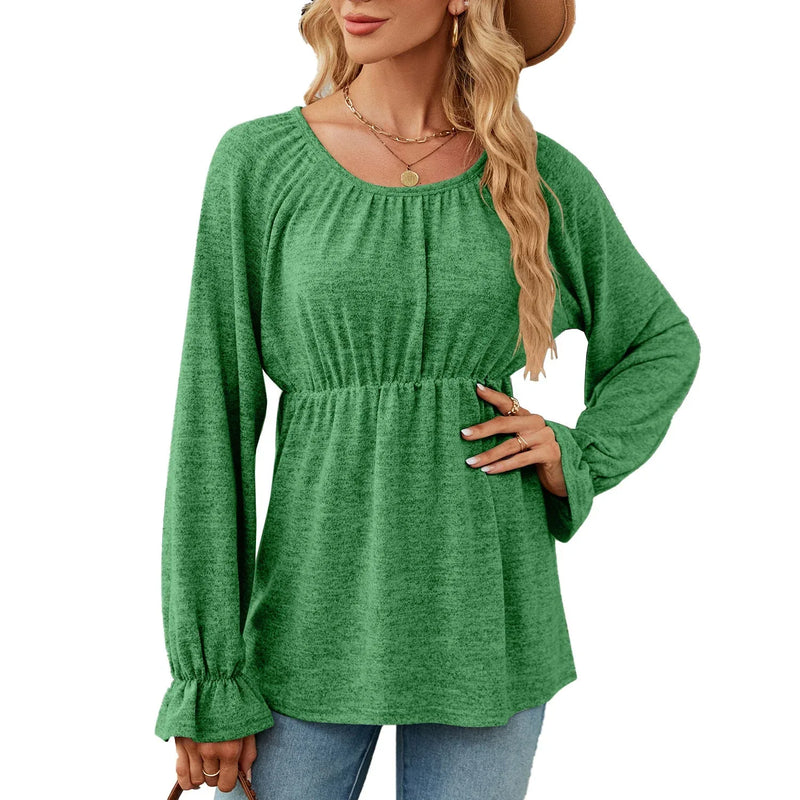 Women's Solid Color Round Neck Loose Long-sleeved T-shirt Meifu Market
