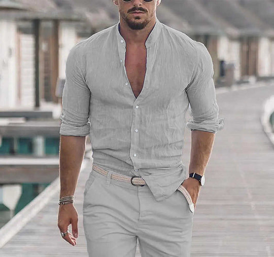 Men's Long Sleeve Shirt With Button Casual Solid Color Tops For Spring Autumn Gray - color variant display