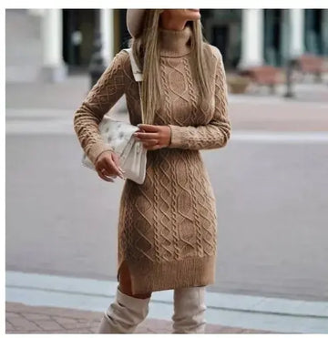 Fashion Turtleneck Knitted Dress With Slit Design Winter Warm Solid Color Pullover Long Sweater Women's Clothing Meifu Market