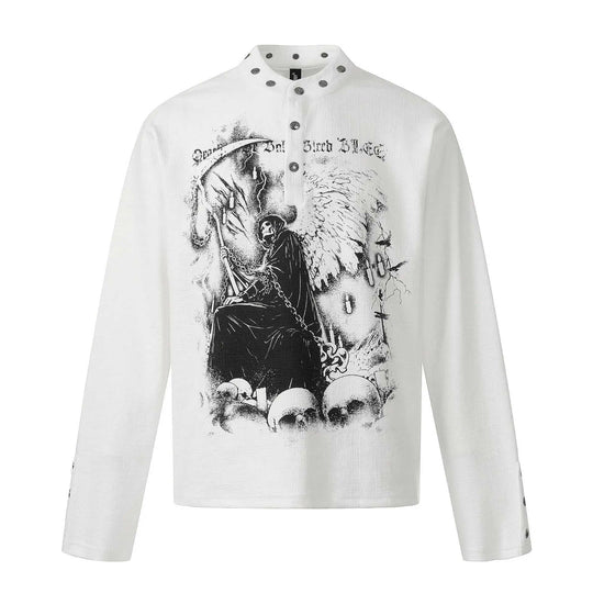New American-style Retro Dark-themed Trendy Printed Mens Long-sleeve Shirt White - in use demonstration