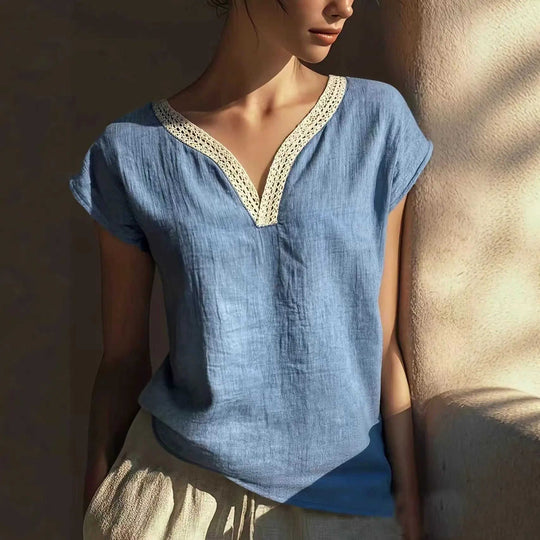 Bohemian Vintage Lace V-Neck Cotton-Linen Blouse M - texture and material detail