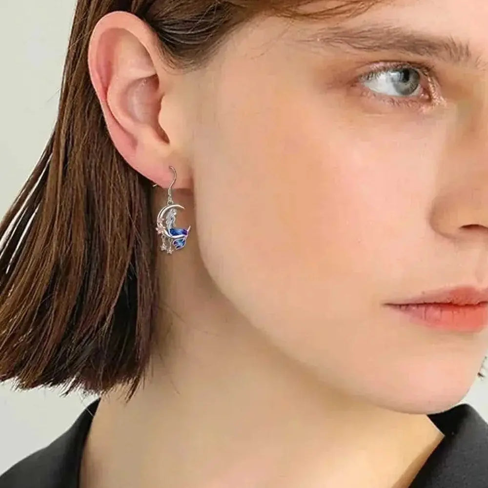 925 Sterling Silver Mermaid Earrings - Crescent Moon Dangle Drop with Zircon Crystals - Meifu Market