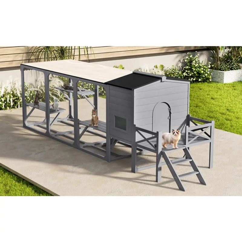 Catio Cat House Outdoor Large Cat Enclosure, Wooden Cat Cage For Multiple Cats With Jumping Platforms And Cat Swing, Removable Waterproof Cover, UV Resistant, 2 Combination, Gray Meifu Market