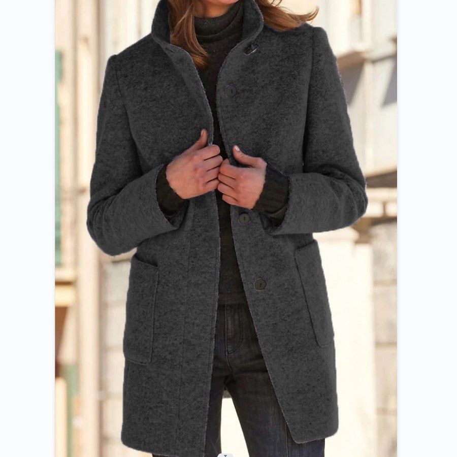 Fashion Stand Collar Woolen Coat With Pockets Fall Winter Casual Button Outwear For Women Clothing Meifu Market