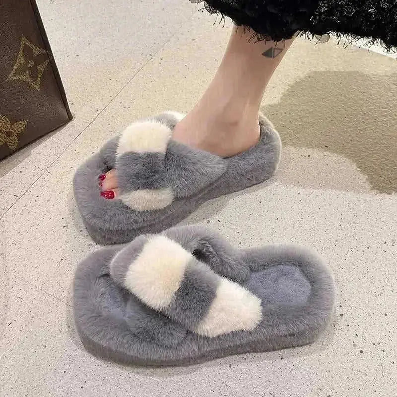 cross-strap fuzzy slippers | 5cm heel house shoes | plush indoor slippers women | ultrasonic cleaning