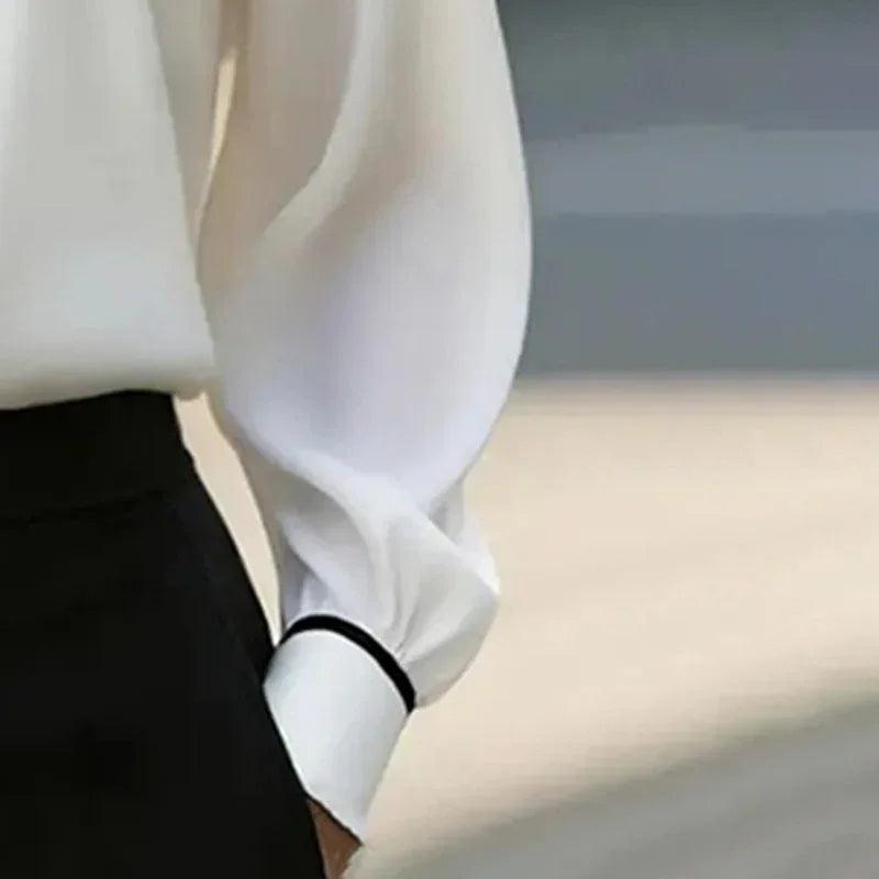Women's Classic Tie & Lapel Blouse, Long Sleeve Contrast Color Design Shirt For Office And Formal Wear Meifu Market