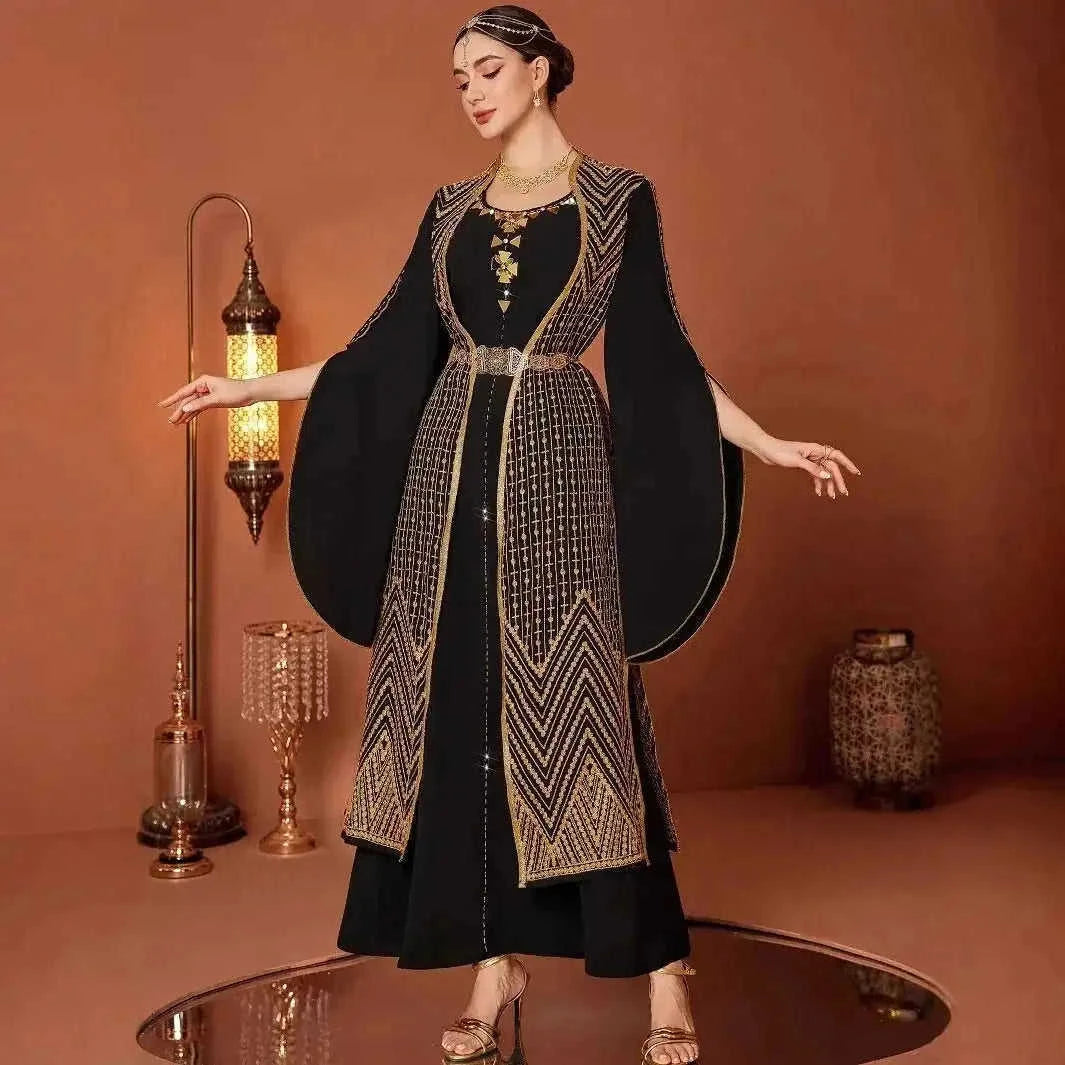 vintage gold embroidery robe | black abaya with embroidery | two piece prayer dress set | energy saving