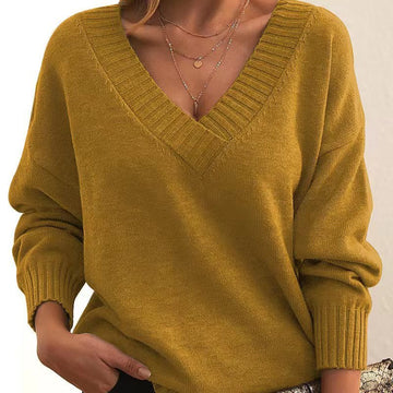 Solid V-neck Sweater Fashion Loose Long-sleeved Knitted Tops Autumn And Winter Women's Clothing Meifu Market