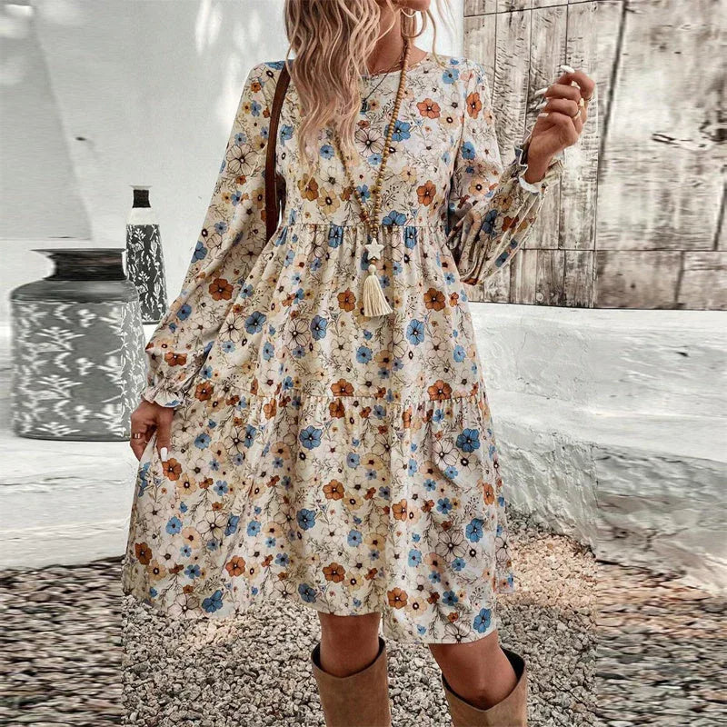 Women's Floral Print Boho Dress, Round Neck Smocked Cuff Sleeve Midi Dress With Patchwork Design For Spring And Fall Meifu Market