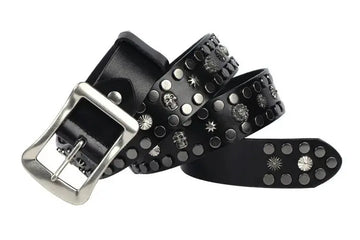 Men's Rivet Punk Genuine Leather Belt Nail Skull Head Japanese Buckle European And American Personalized Belt meifu market