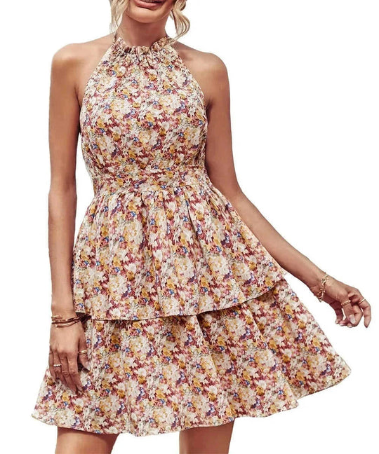 backless summer dress | boho printed halter dress | ruffle trim beach dress | ultrasonic cleaning