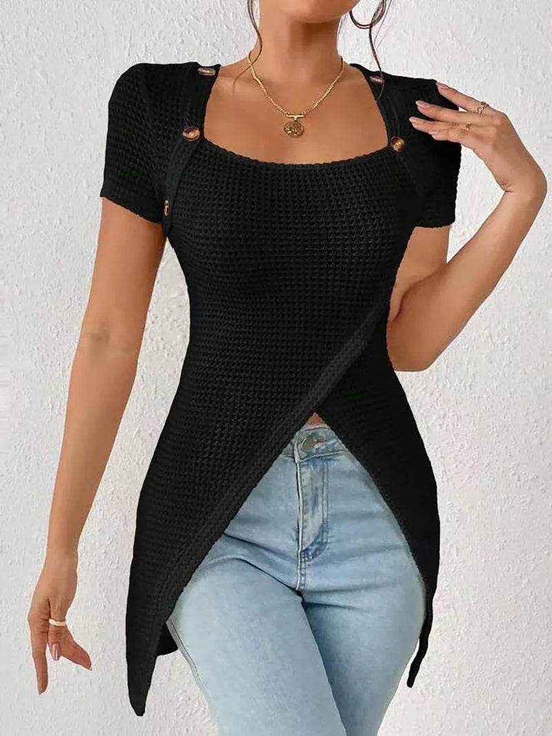 Women's Waffle Button Trim Long Hem Slit Top Meifu Market