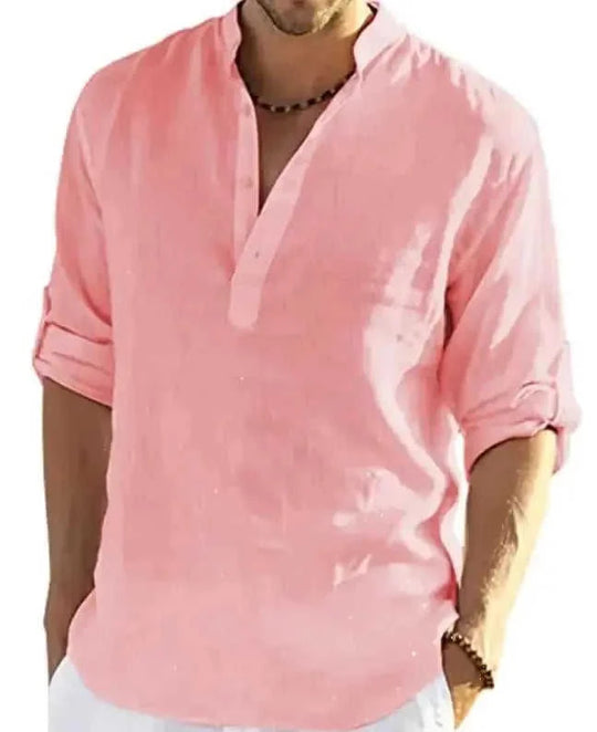 cotton linen blend fabric | loose fit long sleeve shirt | mens casual solid color shirt | energy saving