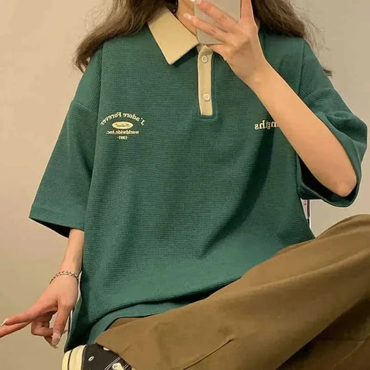 vintage cotton polo shirt | loose fit short sleeve top | casual womens polo | ultrasonic cleaning