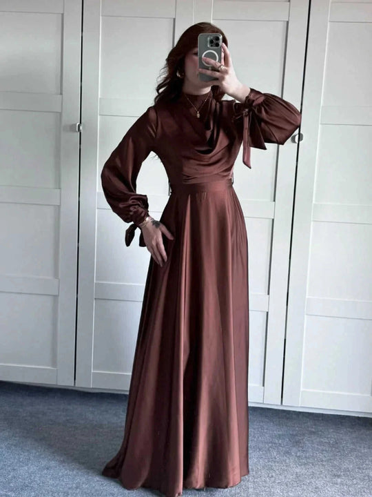 satin fabric maxi dress | plunge neckline long sleeve dress | strappy back evening gown | energy saving