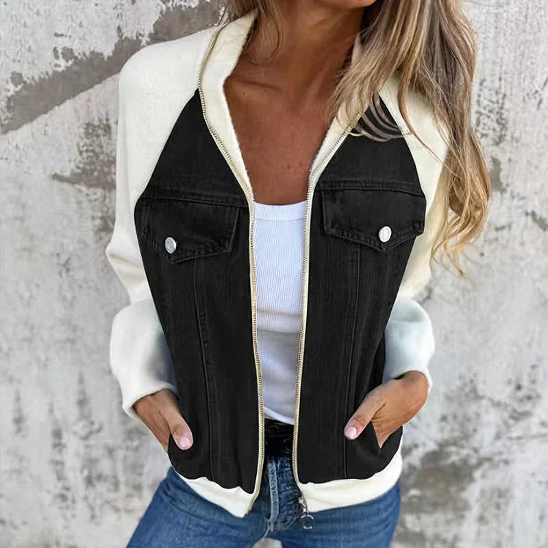 Women's Denim Patchwork Zip-Up Jacket - Stand Collar Casual Coat Fall Winter Meifu Market