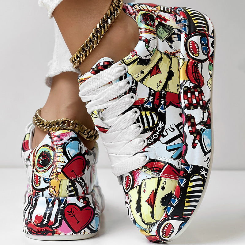 Women's Casual Round Toe Thick Sole Lace-Up Sneakers, Random Print Design, Comfortable Sporty Shoes For Daily Wear Meifu Market
