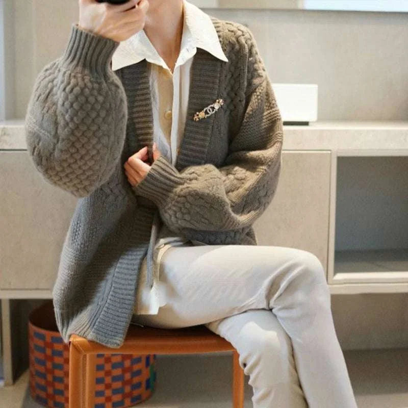 soft cashmere cardigan | womens cable knit sweater | lantern sleeve jacket | energy saving