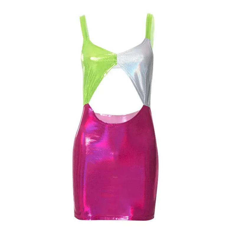 casual halter dress | three-color stitching dress | crop short dress | energy saving