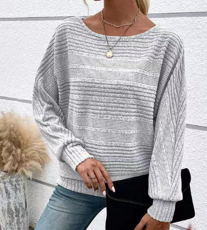 Solid Striped Batwing Sleeves T-shirt Fashion Casual Pullover Round Neck Long Sleeve Top Spring And Autumn Women's Clothing Meifu Market