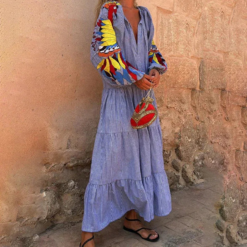 Women's Stripe Maxi Dress, V Neck Puff Long Sleeve With Tiered Ruffle Hem Swing Dress Meifu Market