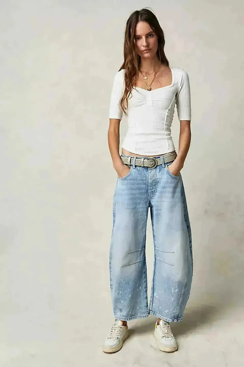 low-waist wide-leg pants | washed denim fabric | high-rise casual trousers | energy saving