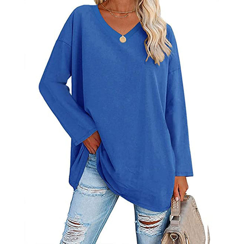 Solid Color Loose Drop Shoulder Sleeve V Neck Long Sleeve Blouse Meifu Market