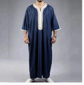 mid-sleeve arabic robe | embroidered navy blue thobe | cotton blend mens robe | energy saving