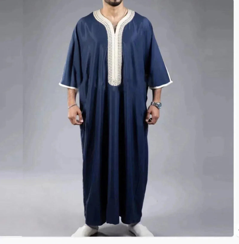 mid-sleeve arabic robe | embroidered navy blue thobe | cotton blend mens robe | energy saving