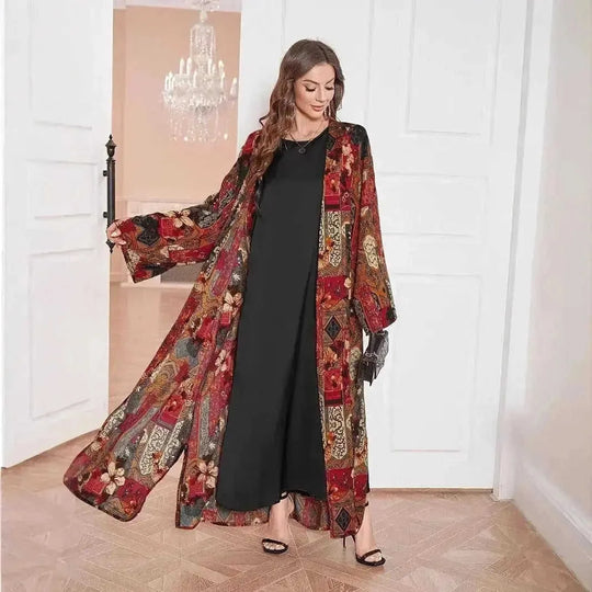 Middle East Dress Shawl Arabic Drop-shoulder Sleeve Printed Robe Black Apricot - in use demonstration