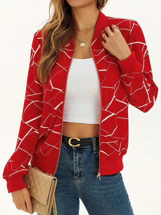 Stylish Long Sleeve Allover Print Zip Up Jacket Elegant Meifu Market