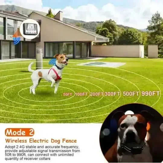 990FT Range Dog Wireless Fence Remote Training Collar IPX6 Waterproof Receiver With 0-9 Levels Beep Vibration Shock Mode...