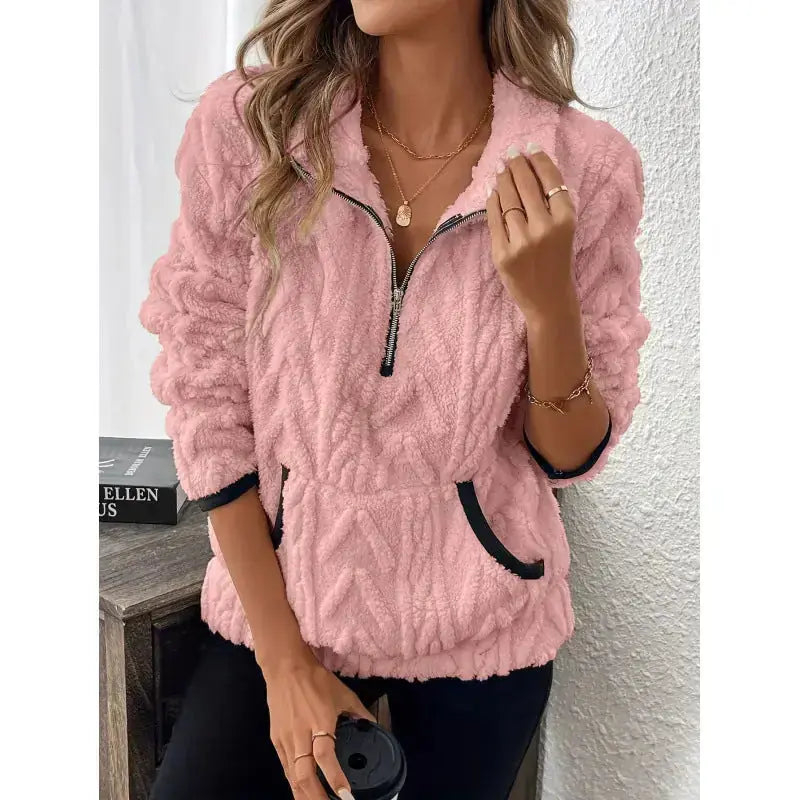 Contrast Color Half-open Collar Plush Women's Sweater Meifu Market