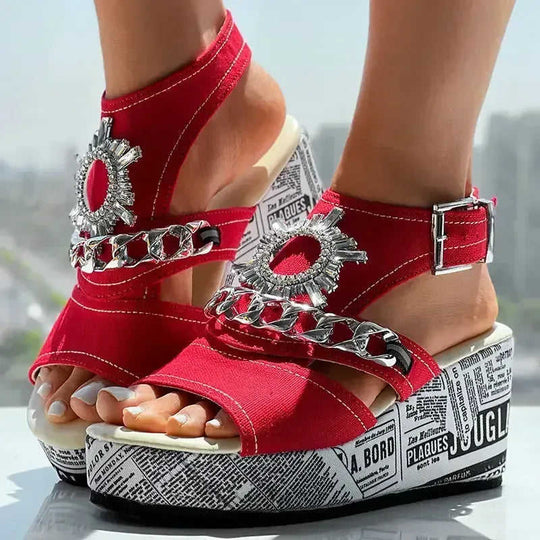 Newspaper Buckle Denim Wedge Slides - Anklet Not Included Meifu Market
