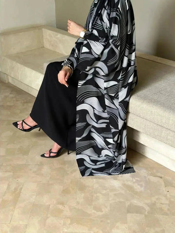 abaya with drop shoulder sleeves | printed kaftan robe | long sleeve maxi dress | ultrasonic cleaning