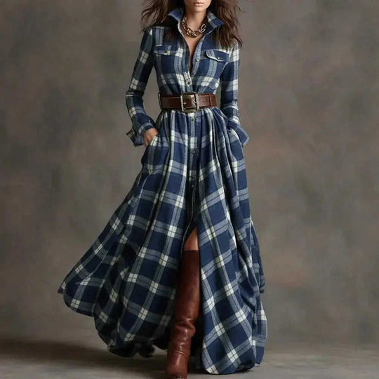 French Retro Plaid Dress - Plus Size Belted Waist Irregular Hem Dress Meifu Market