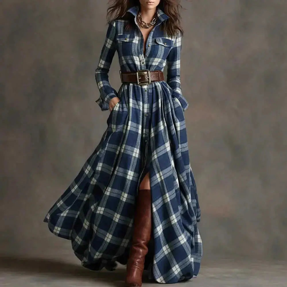 French Retro Plaid Dress - Plus Size Belted Waist Irregular Hem Dress Meifu Market