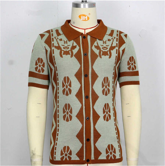 Jacquard Knit Lapel Polo — Men's Open Collar Smart Casual
