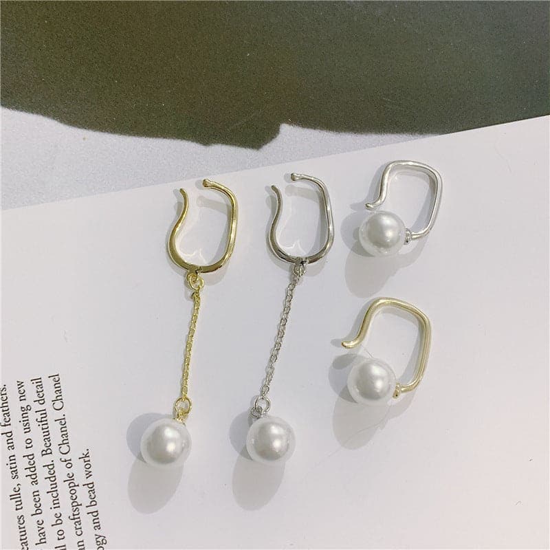 pierced female pearl tassel asymmetric stud earrings 